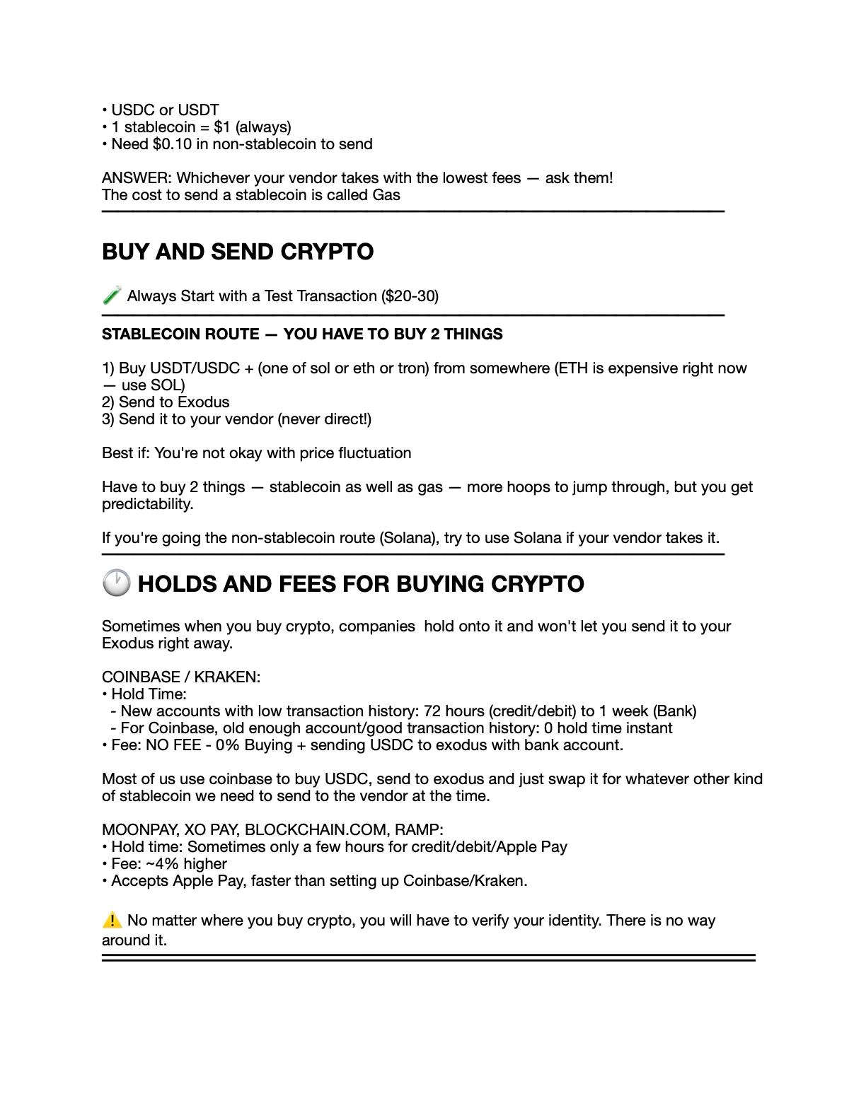 Buy and Send Crypto — Stablecoin route, holds and fees